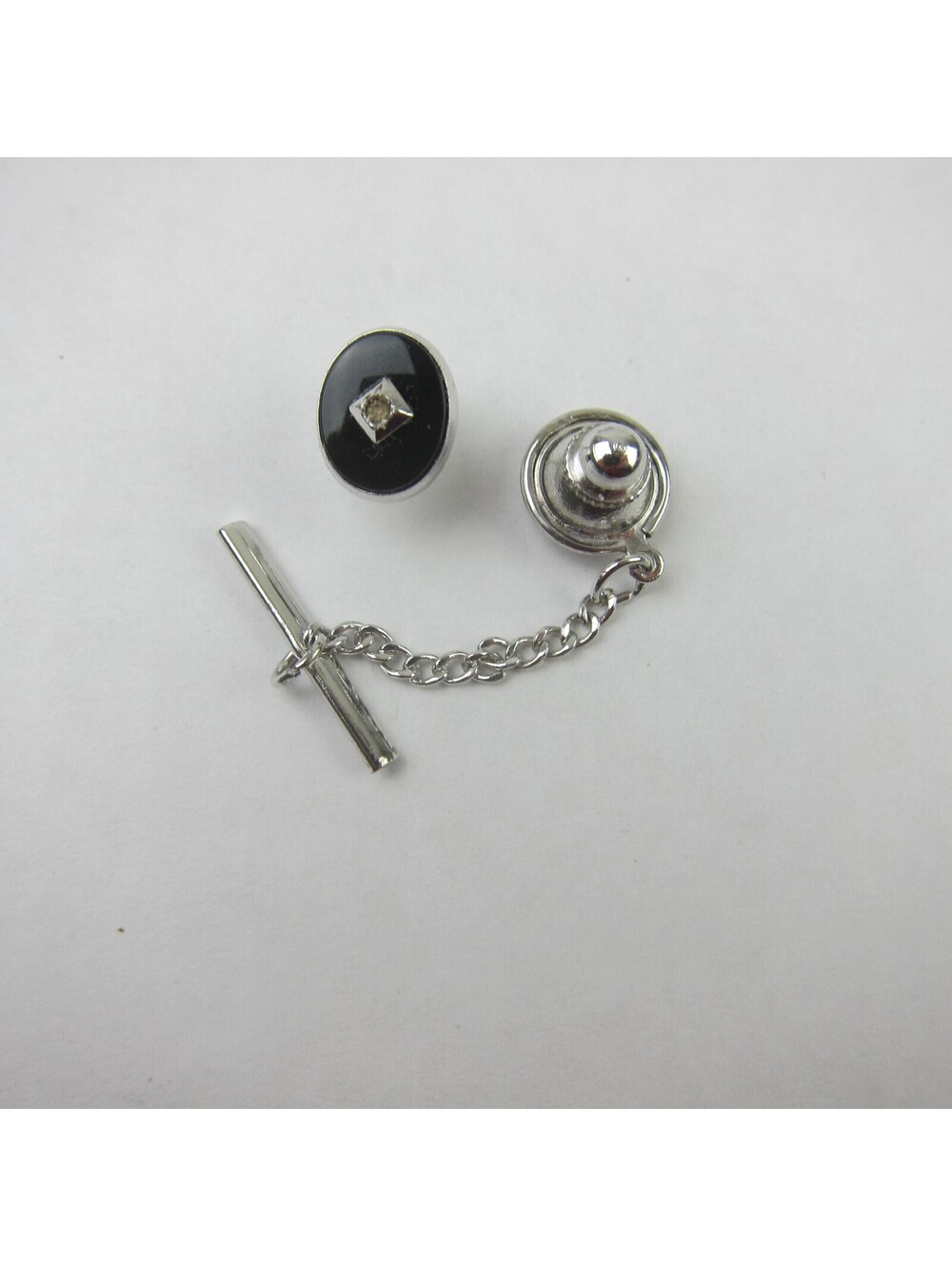 Vintage Tie Tack Lapel Pin Oval Black & Silver Tone Chain Tie Bar